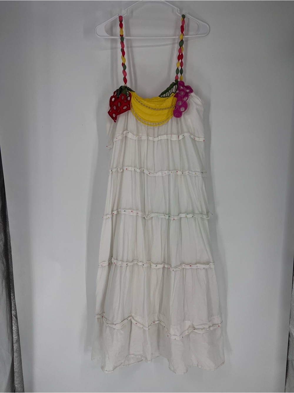 Farm Rio White Fruit Embroidered Colorful Tiered Beaded Tropical Maxi Dress XS